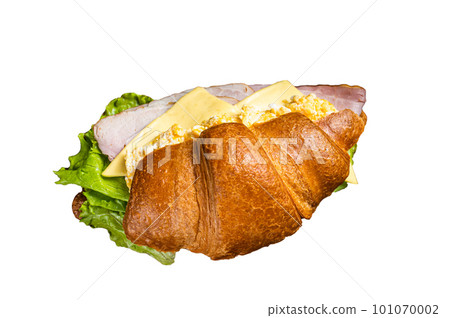 Croissant sandwich with egg cheese and green lettuce salad leaf, healthy breakfast. Isolated on white background. Croissant sandwich with egg cheese and green lettuce salad leaf, healthy breakfast. Isolated on white background. 101070002