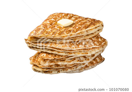 French crepes with butter in a skillet. Isolated on white background 101070080