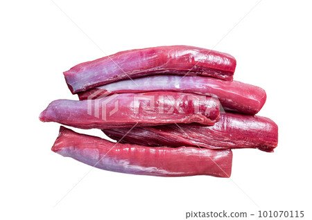 Raw lamb tenderloin meat on butcher table. Isolated background Raw lamb tenderloin meat on butcher table. Isolated background 101070115