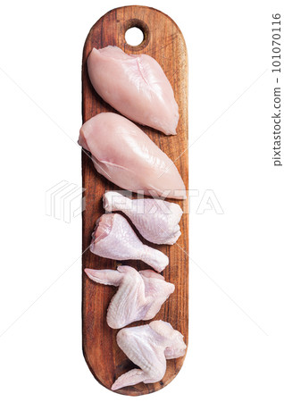 Chicken meat assortment. Raw parts - drumstick, breast fillet, wings, thigh. Isolated on white background Chicken meat assortment. Raw parts - drumstick, breast fillet, wings, thigh. Isolated on white background 101070116
