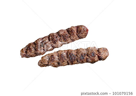 Urfa kebab, ground beef and lamb meat grilled on skewers. Isolated on white background. 101070156