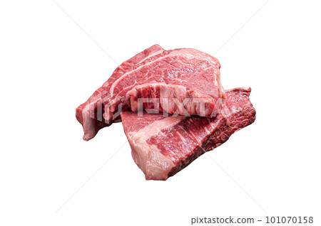 Raw Silverside sirloin beef steak cut on butcher tray. Isolated on white background 101070158