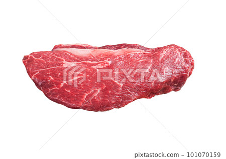 Ready for cooking raw top sirloin beef meat steak on a grill, or rump steak. Isolated on white background 101070159