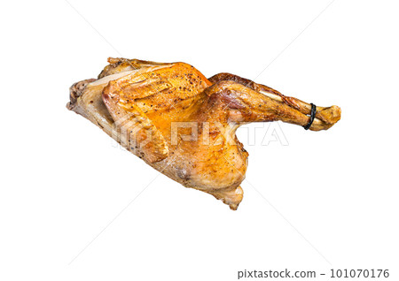 Baked Guineafowl, guinea fowl with potato in steel tray. Isolated on white background. Baked Guineafowl, guinea fowl with potato in steel tray. Isolated on white background. 101070176