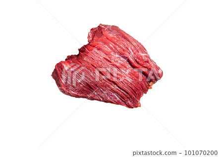 Butcher board with Raw Venison dear meat steak. Isolated on white background. 101070200