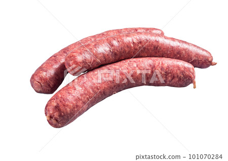 Raw beef meat sausages ready for cooking. Isolated on white background 101070284