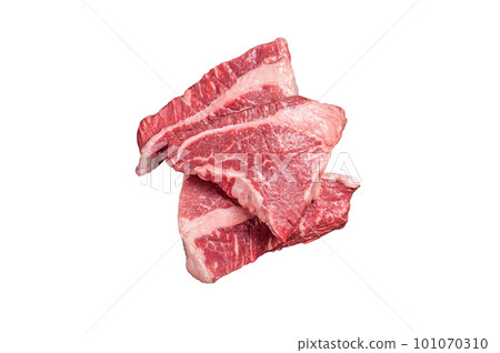 Raw Silverside sirloin beef steak cut on butcher tray. Isolated on white background 101070310