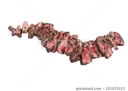 Sliced Grilled Machete skirt beef meat steak. Isolated on white background. 101070325