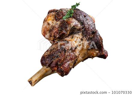 Oven Roasted lamb mutton whole leg with thyme. Isolated on white background Oven Roasted lamb mutton whole leg with thyme. Isolated on white background 101070330