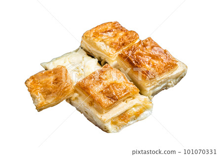 Turkish Su Boregi, Tabla borek or Adana Borek with cheese. Isolated on white background Turkish Su Boregi, Tabla borek or Adana Borek with cheese. Isolated on white background 101070331