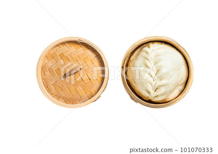 Pyanse steamed bun in a Bamboo steamer, korean street food. Isolated on white background. Pyanse steamed bun in a Bamboo steamer, korean street food. Isolated on white background. 101070333