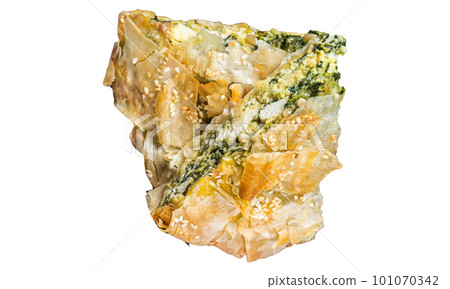 Greek Pie Spanakopita with Spinach and Cheese on wooden board. Isolated on white background Greek Pie Spanakopita with Spinach and Cheese on wooden board. Isolated on white background 101070342