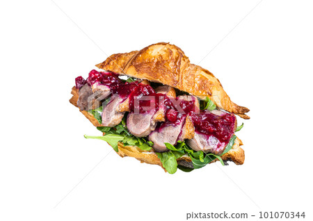 Duck breast Croissant sandwich with steak slices, arugula and sauce. Isolated on white background 101070344