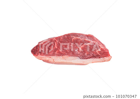 Raw top sirloin steak, cap rump beef meat steak. Isolated on white background. Raw top sirloin steak, cap rump beef meat steak. Isolated on white background. 101070347