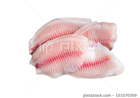 Fresh tilapia white fish fillet in a wooden tray. Isolated on white background 101070369