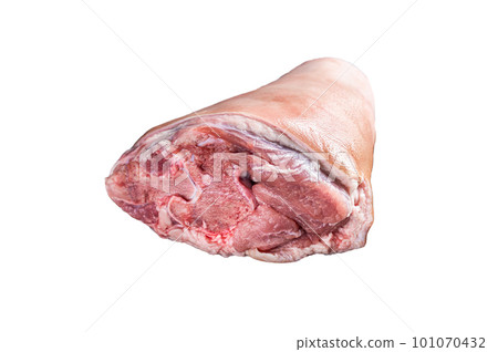 Uncooked Raw pork ham hocks, shanks on a wooden board with spices. Isolated on white background 101070432