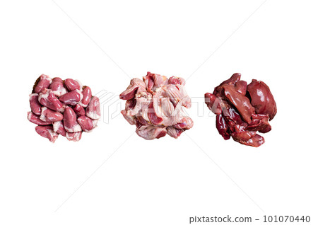 Raw chicken offals, liver, hearts, gizzards Stomach meat set. Isolated on white background. Raw chicken offals, liver, hearts, gizzards Stomach meat set. Isolated on white background. 101070440