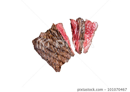 Grilled Wild Venison steak with thyme and salt, game meat. Isolated on white background. Grilled Wild Venison steak with thyme and salt, game meat. Isolated on white background. 101070467
