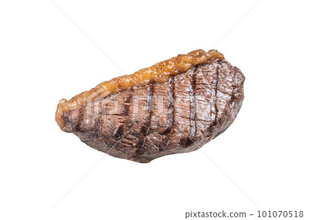 Fried and sliced Top sirloin steak, Grilled cup rump beef meat steak. Isolated on white background. 101070518