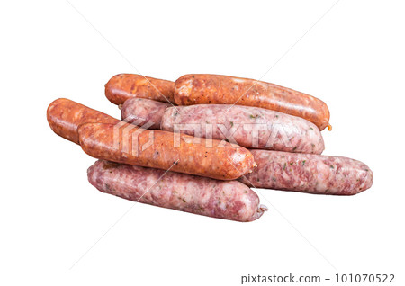 Raw barbecue sausages Chorizo and Bratwurst with spices. Isolated on white background Raw barbecue sausages Chorizo and Bratwurst with spices. Isolated on white background 101070522