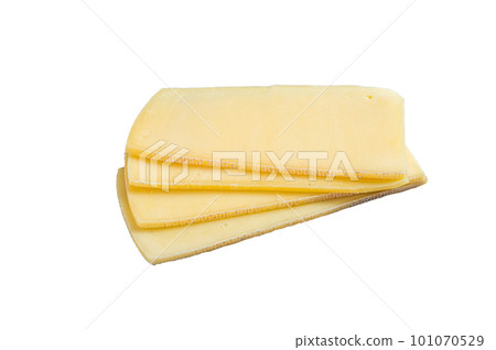 Uncooked Raclette Swiss cheese slices. Isolated on white background Uncooked Raclette Swiss cheese slices. Isolated on white background 101070529