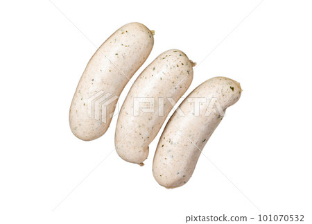Traditional German Bavarian white sausage in steel tray with mustard. Isolated on white background Traditional German Bavarian white sausage in steel tray with mustard. Isolated on white background 101070532