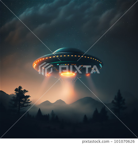 Ufo, mysterious object hover in the sky, their metallic surface reflecting the sunlight. Unidentified flying object 101070626