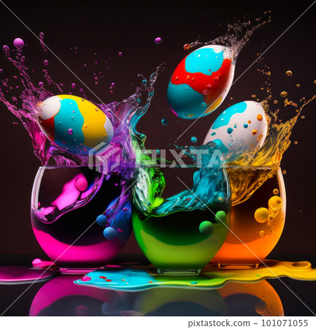 Vibrant, Easter eggs are dropped into a glass of colored water, spreading hues everywhere. Generative AI. Vibrant, Easter eggs are dropped into a glass of colored water, spreading hues everywhere. Generative AI. 101071055