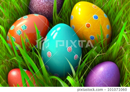 A plethora of brilliantly hued Easter eggs resting on the smooth surface of green grass. Generative AI. A plethora of brilliantly hued Easter eggs resting on the smooth surface of green grass. Generative AI. 101071060