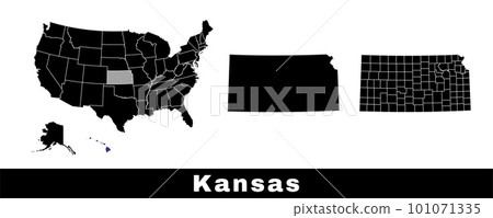 Map of Kansas state, USA. Set of Kansas maps with outline border, counties and US states map. Black and white color. Map of Kansas state, USA. Set of Kansas maps with outline border, counties and US states map. Black and white color. 101071335
