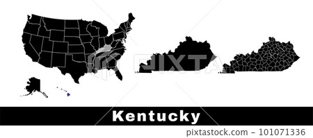 Map of Kentucky state, USA. Set of Kentucky maps with outline border, counties and US states map. Black and white color. 101071336