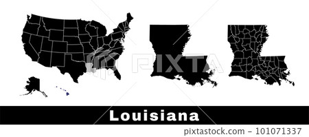 Map of Louisiana state, USA. Set of Louisiana maps with outline border, counties and US states map. Black and white color. 101071337
