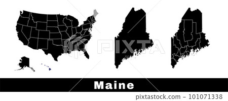Map of Maine state, USA. Set of Maine maps with outline border, counties and US states map. Black and white color. 101071338