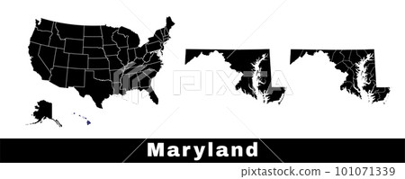 Map of Maryland state, USA. Set of Maryland maps with outline border, counties and US states map. Black and white color. 101071339