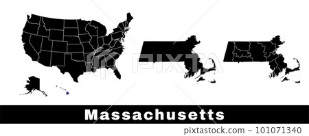 Massachusetts state map, USA. Set of Massachusetts maps with outline border, counties and US states map. Black and white color. 101071340