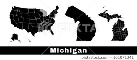 Michigan state map, USA. Set of Michigan maps with outline border, counties and US states map. Black and white color. Michigan state map, USA. Set of Michigan maps with outline border, counties and US states map. Black and white color. 101071341