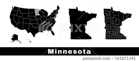 Minnesota state map, USA. Set of Minnesota maps with outline border, counties and US states map. Black and white color. 101071342