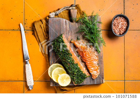 Scandinavian Gravlax Salmon fillet with dill, salt and papper. Orange background. Top view Scandinavian Gravlax Salmon fillet with dill, salt and papper. Orange background. Top view 101071588