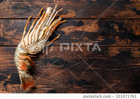 Fresh Spiny lobster on a wooden table, raw seafood. Wooden background. Top view. Copy space 101071761