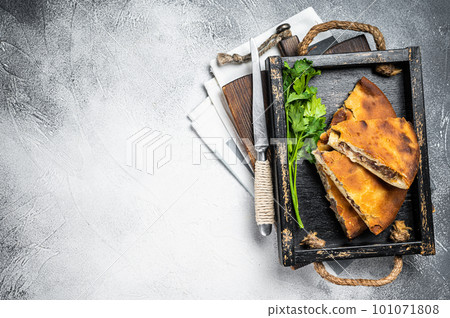 National traditional Caucasian cuisine Ossetian pie with beef meat. White background. Top view. Copy space 101071808