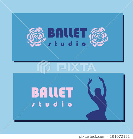 Theatre ticket design. Ballet school flyer template. Ballerina silhouette in the tutu and pointe shoe with flower. Blue and pink card design. Vector illustration 101072131
