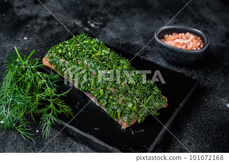 Nordic Gravlax Salmon fillet with dill. Black background. Top view 101072168