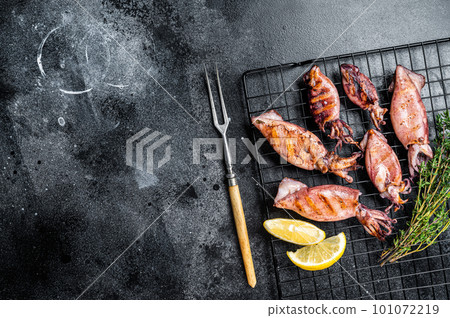 Bbq squid calamary on a rack. Black background. Top view. Copy space Bbq squid calamary on a rack. Black background. Top view. Copy space 101072219