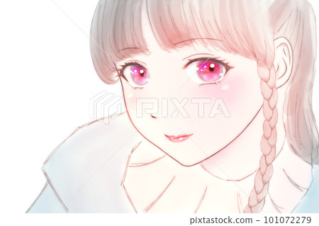 害羞微笑的女孩的彩色插圖眼睛上翹眼睛=粉紅色 101072279