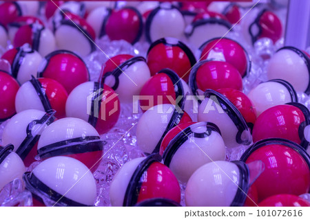 Close-up of toy prizes in amusement acade, Kanazawa, Ishikawa Prefecture, Japan. 101072616