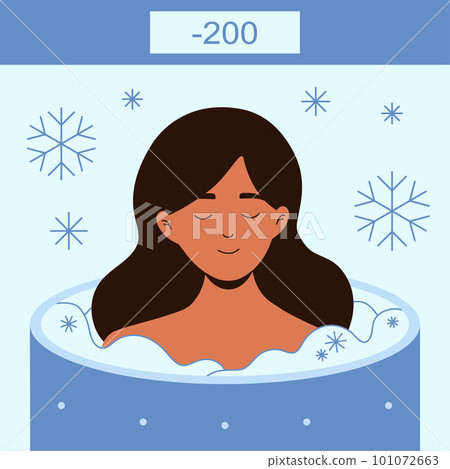 Peaceful woman in a cryosauna ice therapy vector illustration for benign and malignant lesions. Peaceful woman in a cryosauna ice therapy vector illustration for benign and malignant lesions. 101072663