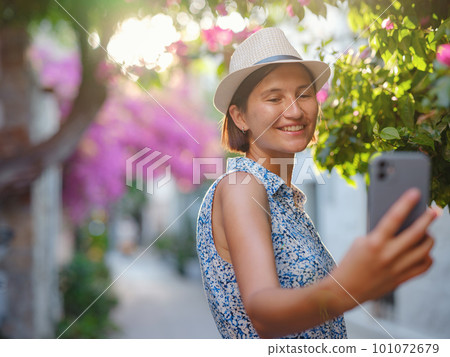Blooming bougainvillea, streets of the old town of Bodrum, Turkey 101072679