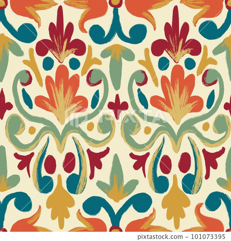 Hand drawn seamless pattern of floral damsk with orange red flowers blue sage green leaves on beige background. Ethnic folk style, retro vintage design in victorian antique ornament, slytized 101073395