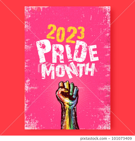 Happy pride month 2023 poster with Rised LGBT fist colored in lgbt flag isolated on pink background. LGBT Pride month 2023 and pride day poster design template. Fight for your LGBT rights concept Happy pride month 2023 poster with Rised LGBT fist colored in lgbt flag isolated on pink background. LGBT Pride month 2023 and pride day poster design template. Fight for your LGBT rights concept 101073409
