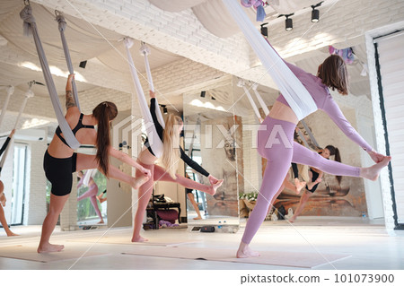 workshop of air yoga and stretching in yoga studio 101073900